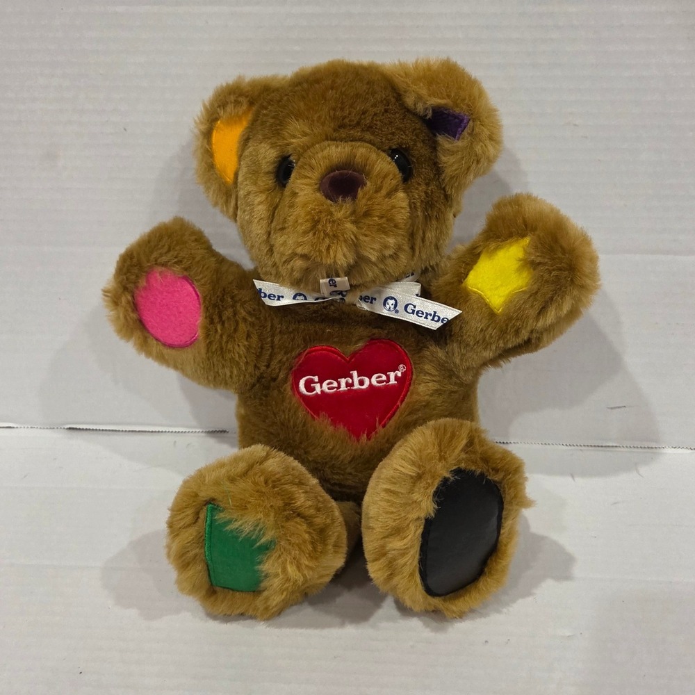 Vintage Gerber Lovin Touch Plush Teddy Bear Brown Heart Multi Color Patches